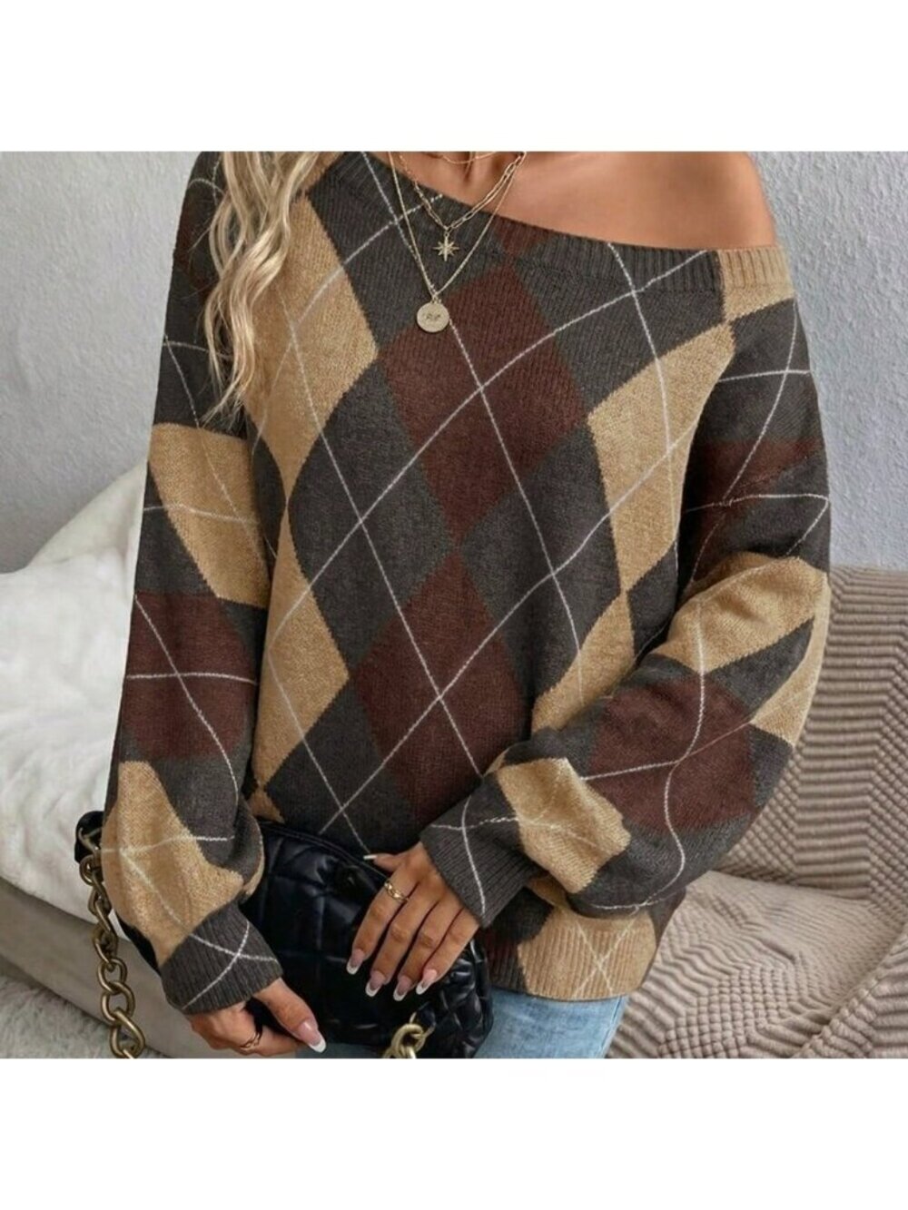 Multicolor Casual Women's Off-Shoulder Argyle Sweater